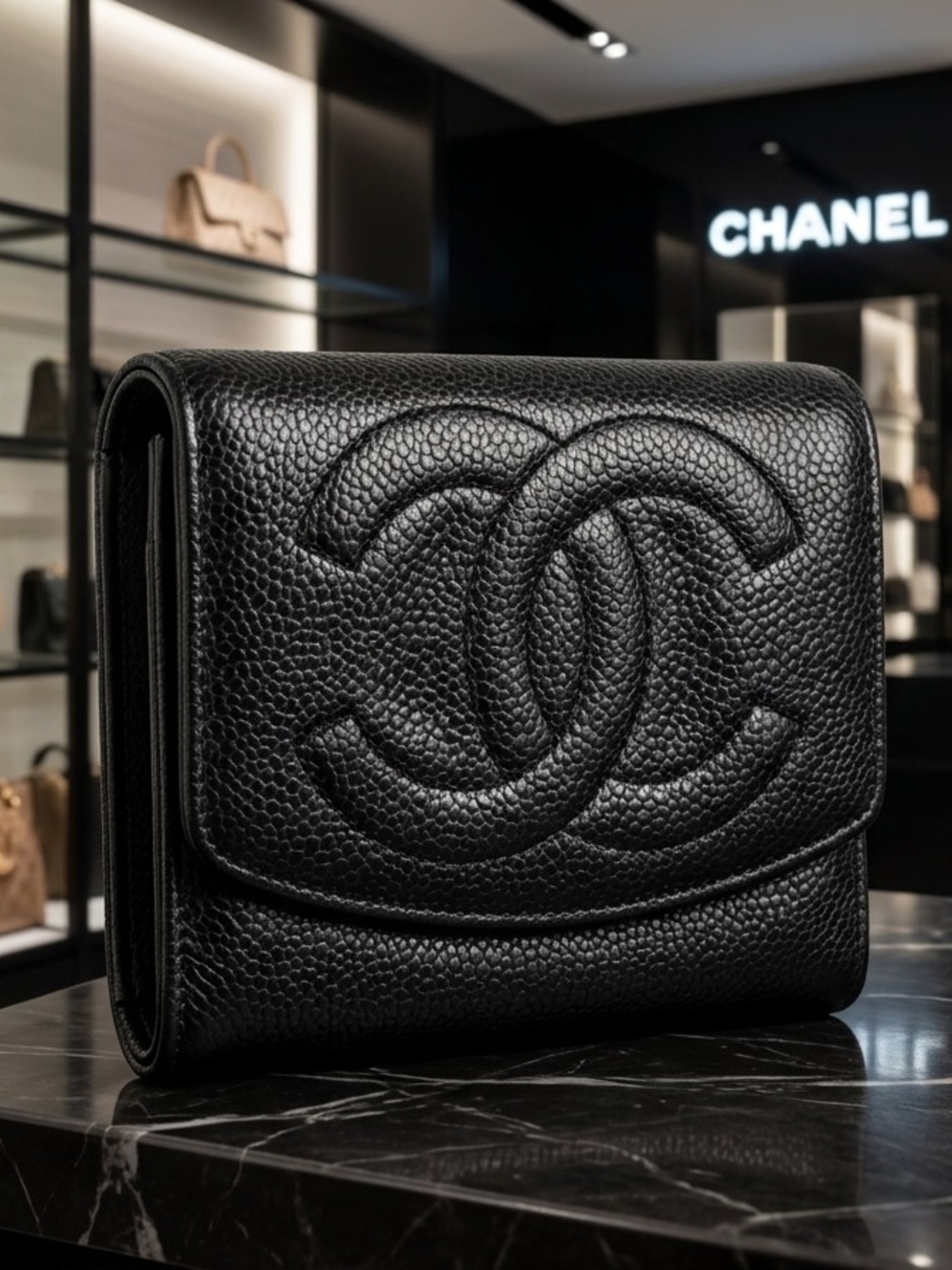 CHANEL Black Leather Cavier Compact Trifold Wallet